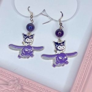 Kuromi and Baku Drop Earrings with Iridescent Purple Beads